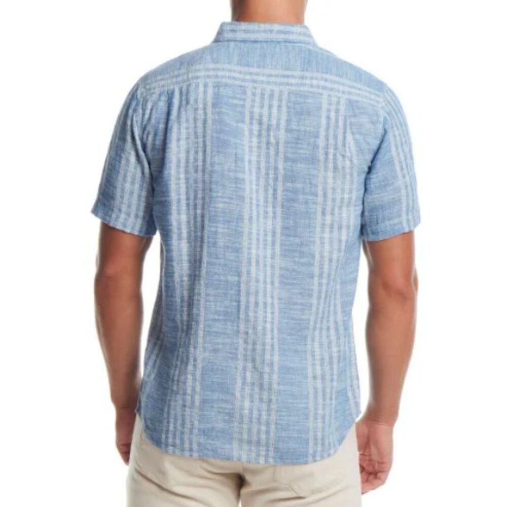 WEATHERPROOF VINTAGE Linen Blend Woven Shirt Mens M Blue Stripe Short Sleeve NWT - Picture 7 of 7